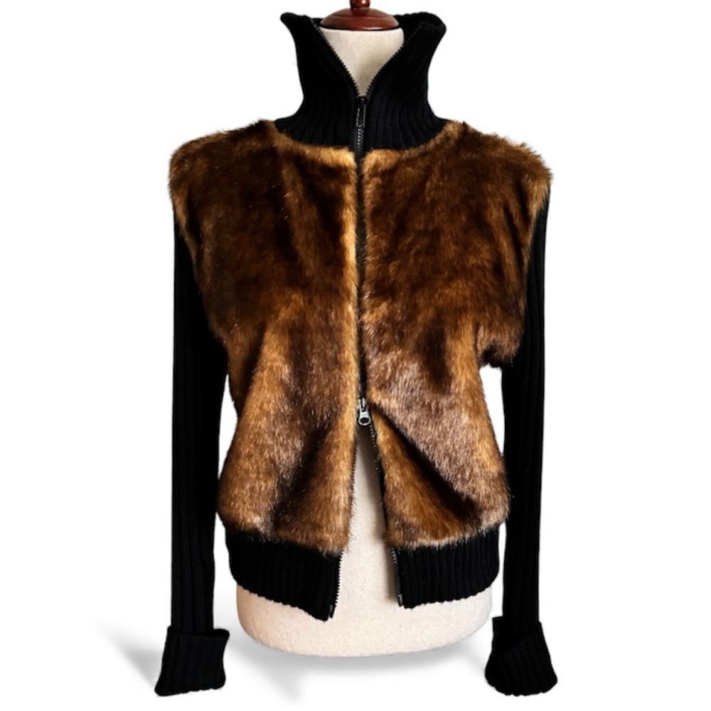 Vintage y2k Faux Fur Double Zip Ribbed Black Jacket